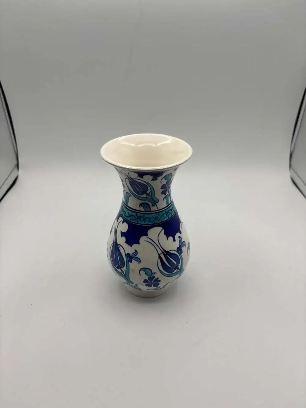 Hand Painted Turkish Ceramic Iznik Bud Vase Blue Floral Tulip Pattern